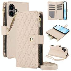 Per iPhone 16 Plus YM016 Custodia per telefono in pelle con cerniera rombica e cordino (albicocca)