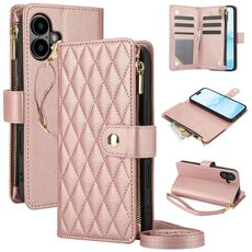 Per iPhone 16 Plus YM016 Custodia per telefono in pelle con cerniera rombica e cordino (oro rosa)