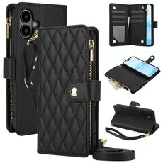 Per iPhone 16 Plus YM016 Custodia per telefono in pelle con cerniera rombica e cordino (nero)