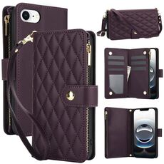 Per iPhone 16e YM016 Custodia per telefono in pelle con cerniera rombica e cordino (viola scuro)