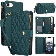 Per iPhone 16e YM016 Custodia per telefono in pelle con cerniera rombica e cordino (verde)