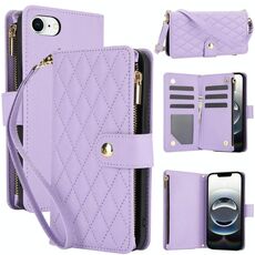 Per iPhone 16e YM016 Custodia per telefono in pelle con cerniera rombica e cordino (viola chiaro)
