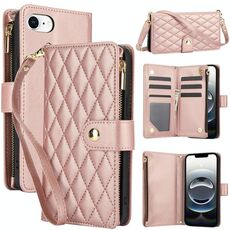 Per iPhone 16e YM016 Custodia per telefono in pelle con cerniera rombica e cordino (oro rosa)