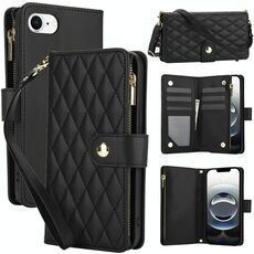 Per iPhone 16e YM016 Custodia per telefono in pelle con cerniera rombica e cordino (nero)