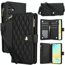 Per Samsung Galaxy S24 FE 5G YM016 Custodia per telefono in pelle con cerniera rombica e cordino (nero)