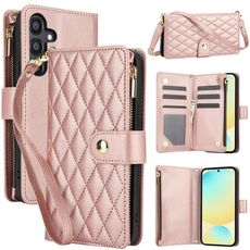 Per Samsung Galaxy S24 FE 5G YM016 Custodia per telefono in pelle con cerniera rombica e cordino (oro rosa)