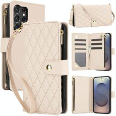 Per Samsung Galaxy S25 Ultra 5G YM016 Custodia per telefono in pelle con cerniera rombica e cordino (albicocca)