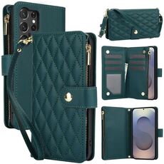 Per Samsung Galaxy S25 Ultra 5G YM016 Rhombic Zipper Card Wallet Custodia per telefono in pelle con cordino (verde)