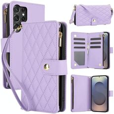 Per Samsung Galaxy S25 Ultra 5G YM016 Custodia per telefono in pelle con cerniera rombica e cordino (viola chiaro)