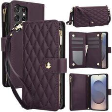 Per Samsung Galaxy S25 Ultra 5G YM016 Custodia per telefono in pelle con cerniera rombica e cordino (viola scuro)