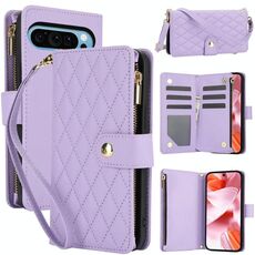 Per Google Pixel 9 / 9 Pro YM016 Custodia per telefono in pelle con cerniera rombica e cordino (viola chiaro)
