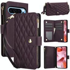 Per Google Pixel 9 / 9 Pro YM016 Custodia per telefono in pelle con cerniera rombica e cordino (viola scuro)