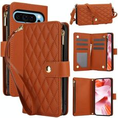 Per Google Pixel 9 / 9 Pro YM016 Custodia per telefono in pelle con cerniera rombica e cordino (marrone)