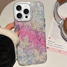 Per iPhone 15 Pro Max Custodia per telefono IMD con farfalle e cielo stellato sfumato (rosa)