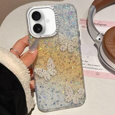 Per iPhone 16 Plus Custodia per telefono IMD con farfalle e cielo stellato sfumato (giallo)