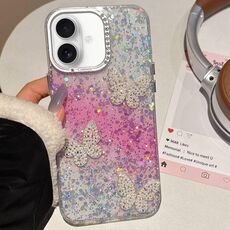 Per iPhone 16 Plus Custodia per telefono IMD sfumata con cielo stellato e farfalle (rosa)