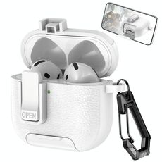 Per AirPods 4 Custodia per auricolari wireless in pelle con gancio e supporto (bianco)