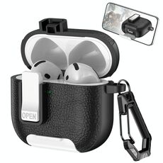 Per AirPods 4 Custodia per auricolari wireless in pelle con gancio e supporto (nero bianco)