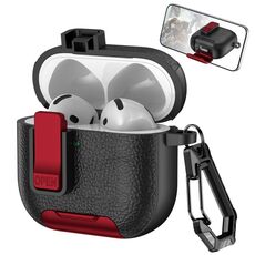 Per AirPods 4 Custodia per auricolari wireless in pelle con gancio e supporto (nero rosso)
