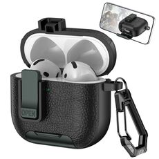 Custodia per auricolari wireless AirPods 4 in pelle con gancio e supporto (nero verde militare)