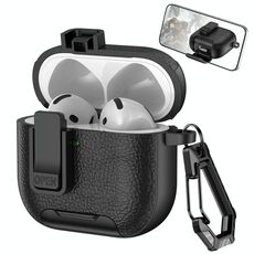 Per AirPods 4 Custodia per auricolari wireless in pelle con gancio e supporto (nero)
