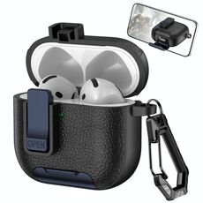 Per AirPods 4 Custodia per auricolari wireless in pelle con gancio e supporto (nero blu scuro)