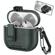 Custodia per auricolari wireless AirPods 4 in pelle con gancio e supporto (verde militare)