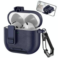 Per AirPods 4 Custodia per auricolari wireless in pelle con gancio e supporto (blu scuro)