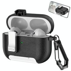 Per AirPods Pro 2 Custodia per auricolari wireless in pelle con gancio e supporto (nero bianco)