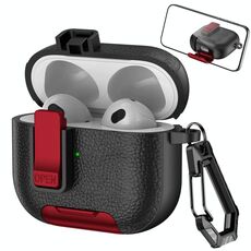 Per AirPods 3 Custodia per auricolari wireless in pelle con gancio e supporto (nero rosso)