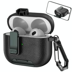 Custodia per auricolari wireless AirPods 3 in pelle con gancio e supporto (nero verde militare)