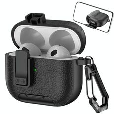 Per AirPods 3 Custodia per auricolari wireless in pelle con gancio e supporto (nero)