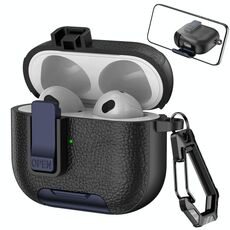 Custodia per auricolari wireless AirPods 3 in pelle con gancio e supporto (nero blu scuro)