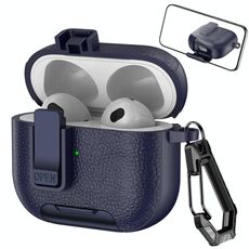 Per AirPods 3 Custodia per auricolari wireless in pelle con gancio e supporto (blu scuro)