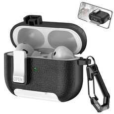 Per AirPods Pro Custodia per auricolari wireless in pelle con gancio e supporto (nero bianco)