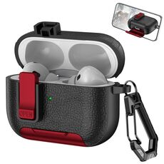 Per AirPods Pro Custodia per auricolari wireless in pelle con gancio e supporto (nero rosso)
