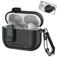 Custodia per auricolari wireless AirPods Pro in pelle con gancio e supporto (nero verde militare)
