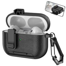 Per AirPods Pro Custodia per auricolari wireless in pelle con gancio e supporto (nero)