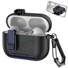 Per AirPods Pro Custodia per auricolari wireless in pelle con gancio e supporto (nero blu scuro)