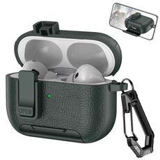 Custodia per auricolari wireless AirPods Pro in pelle con gancio e supporto (verde militare)