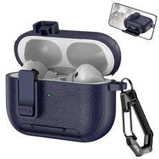 Per AirPods Pro Custodia per auricolari wireless in pelle con gancio e supporto (blu scuro)