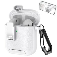 Per AirPods 1/2 Custodia per auricolari wireless in pelle con gancio e supporto (bianco)