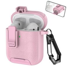 Per AirPods 1/2 Custodia per auricolari wireless in pelle con gancio e supporto (rosa)