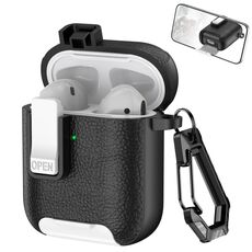 Per AirPods 1/2 Custodia per auricolari wireless in pelle con gancio e supporto (nero bianco)