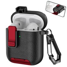 Per AirPods 1/2 Custodia per auricolari wireless in pelle con gancio e supporto (nero rosso)