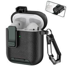 Per AirPods 1/2 Custodia per auricolari wireless in pelle con gancio e supporto (nero verde militare)