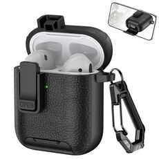 Per AirPods 1/2 Custodia per auricolari wireless in pelle con gancio e supporto (nero)
