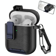 Per AirPods 1/2 Custodia per auricolari wireless in pelle con gancio e supporto (nero blu scuro)