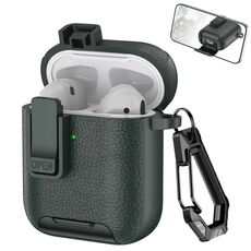 Per AirPods 1/2 Custodia per auricolari wireless in pelle con gancio e supporto (verde militare)