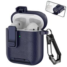 Per AirPods 1/2 Custodia per auricolari wireless in pelle con gancio e supporto (blu scuro)